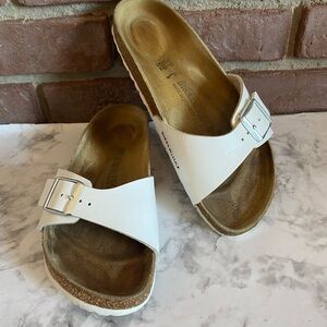 Birkenstock Madrid  Sandals In White Patent Birko-Flor With Silver Buckles